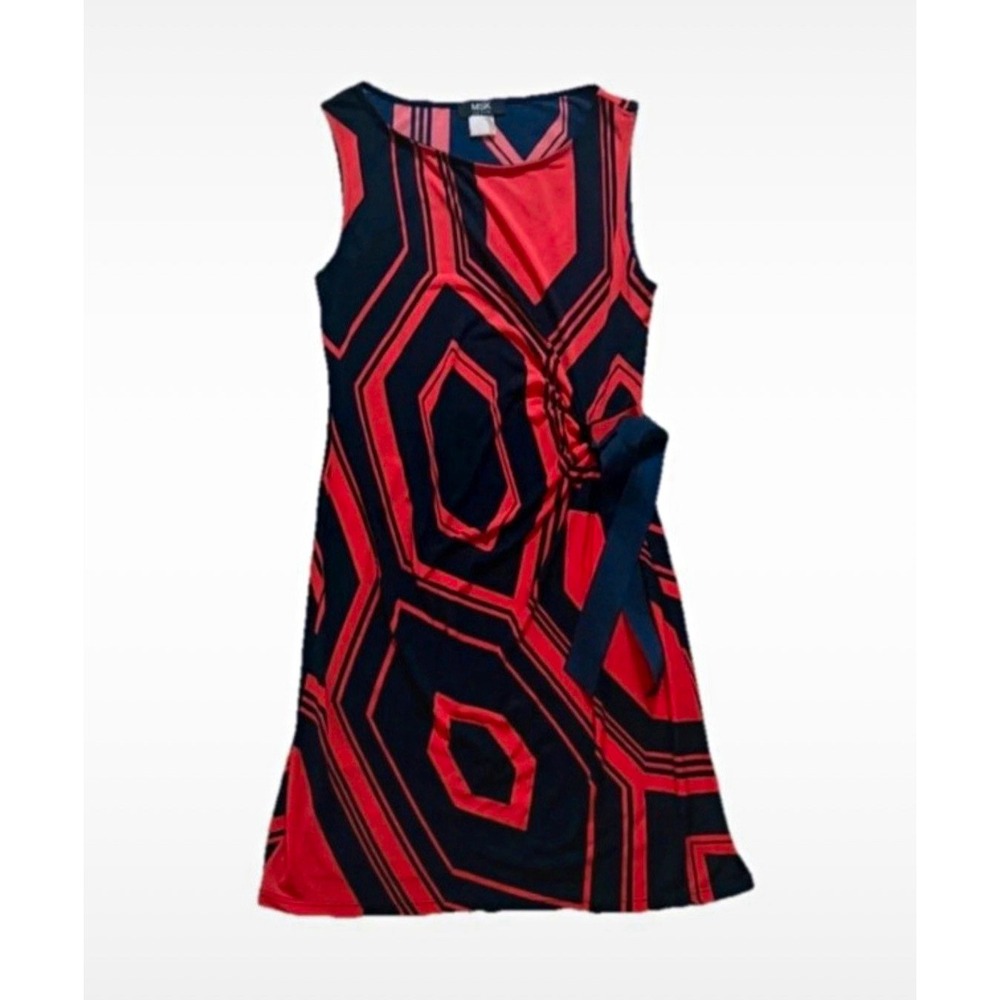 MSK Petite PS Navy Red Geometric V-Neck Sheath Dress Sleeveless Tie Stretch